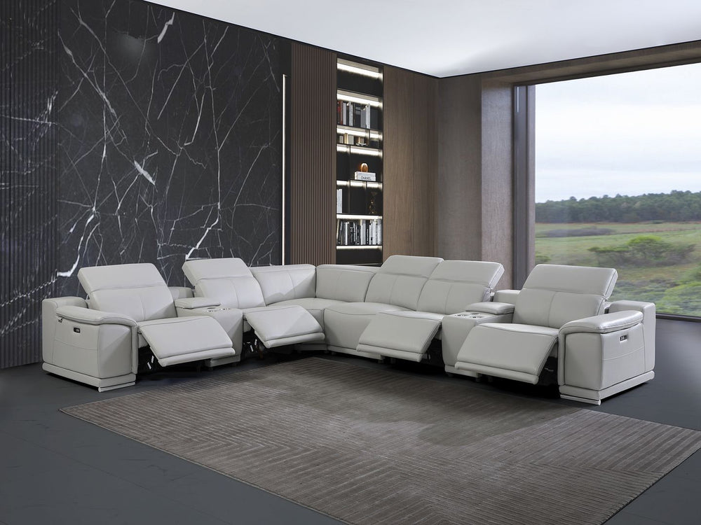 DivanItalia 9762 8-Piece L Shaped Top Grain Italian Leather Sectional Sofa with 4 Power Recliners - Light Gray