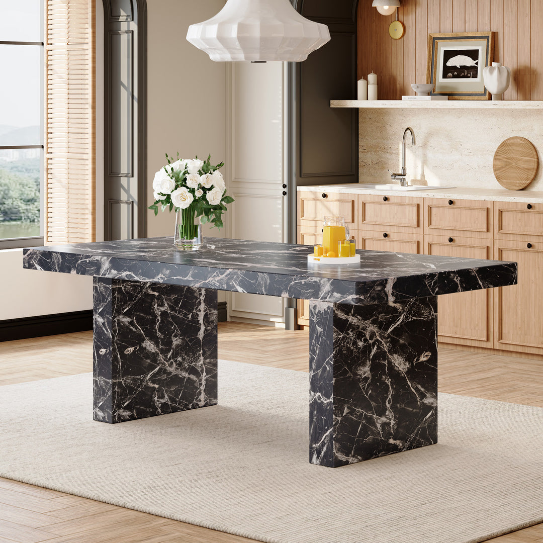 Black Marble Pattern Dining Table with 3.5" Thick Top – Understated Luxury for Your Home