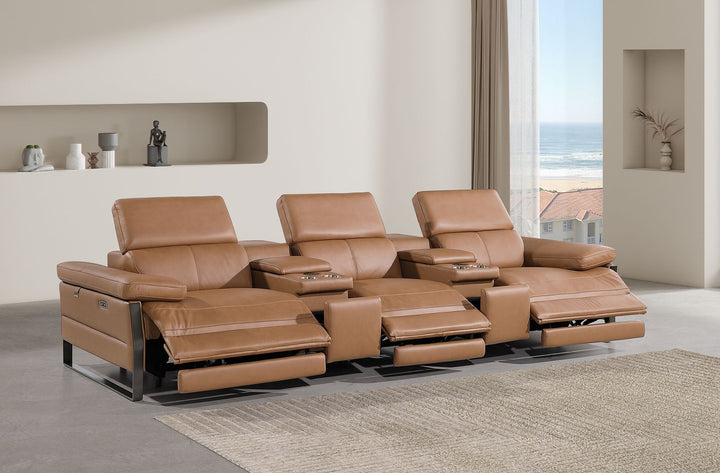 DivanItalia 1246 Modular Power Triple Reclining Dual Console Sofa with Power Reclining Headrests – Top Grain Italian Leather - Cognac