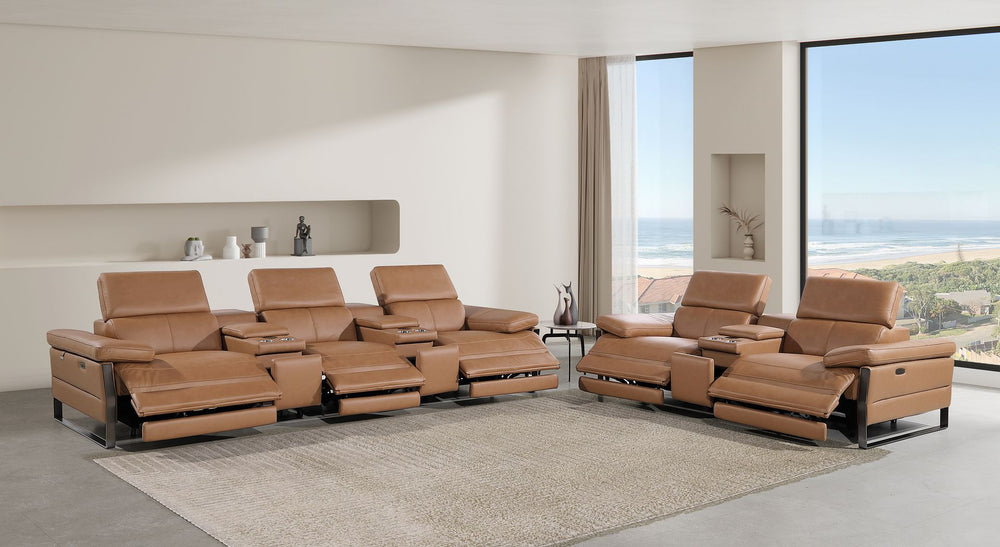DivanItalia 1246 Modular Power Reclining Dual Console Sofa and Console Loveseat Set with Power Headrests – Top Grain Italian Leather - Cognac