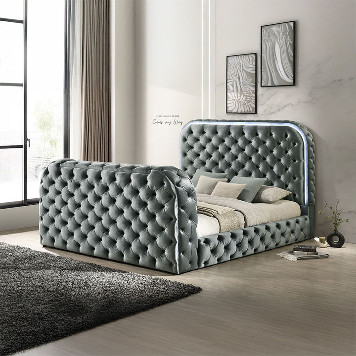 Kana - Queen Bed With LED, Fireplace & TV Stand - Gray Upholstery Velvet