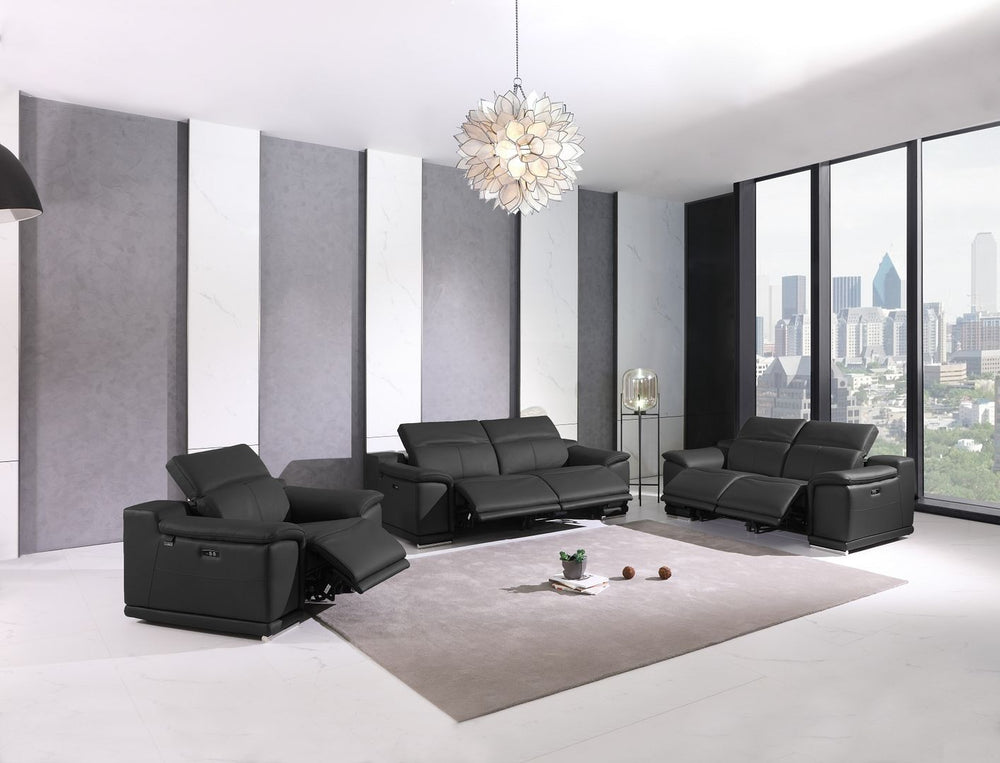 DivanItalia 9762 Top Grain Italian Leather Power Reclining Sofa, Loveseat and Chair Set with Adjustable Headrests - Dark Gray