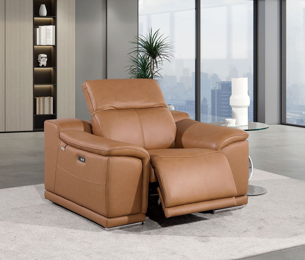 DivanItalia 9762 Top Grain Italian Leather Power Reclining Chair with Adjustable Headrests - Cognac