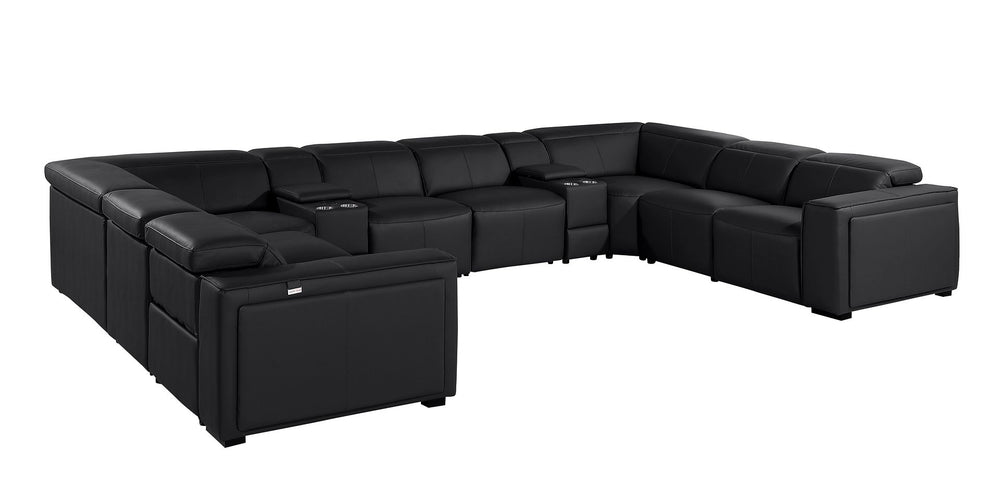 DivanItalia 1224 10-Piece U-Shaped Sectional Sofa in Top Grain Italian Leather with 4 Power Recliners & Power Headrests - Black