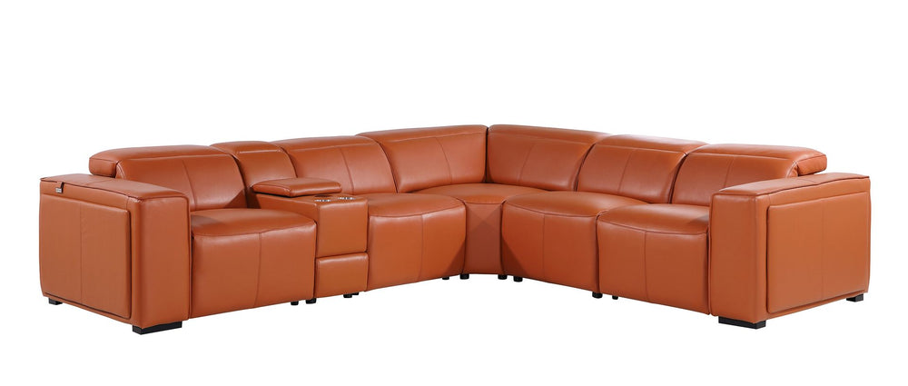 DivanItalia 1224 6-Piece L-Shaped Sectional Sofa in Top Grain Italian Leather with 3 Power Recliners & Power Headrests - Camel