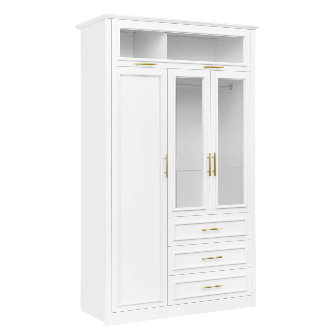 Wardrobe with glass doors, drawers, and hanging storage