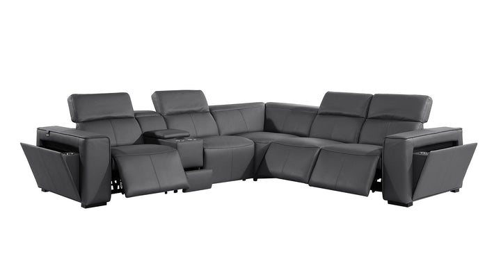 DivanItalia 1224 6-Piece L-Shaped Sectional Sofa in Top Grain Italian Leather with 3 Power Recliners &amp; Power Headrests - Dark Gray