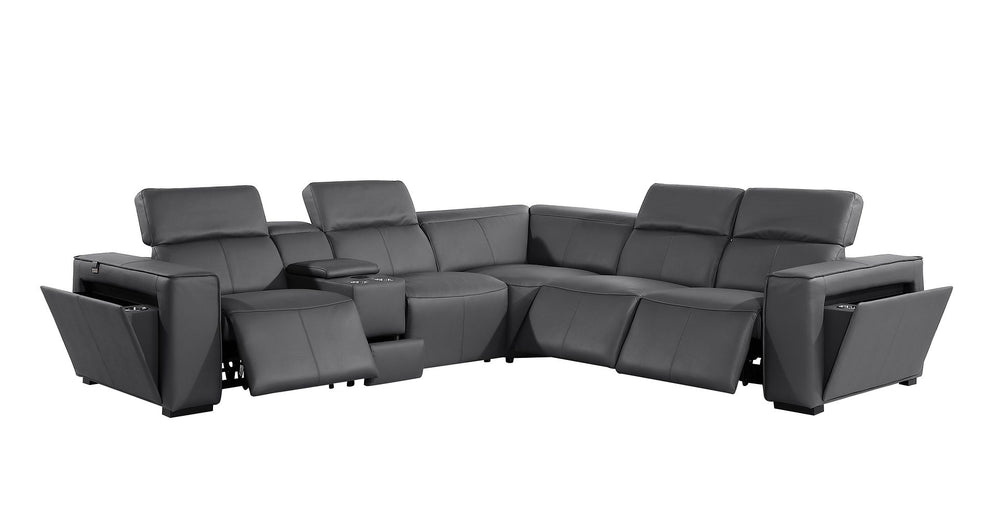 DivanItalia 1224 6-Piece L-Shaped Sectional Sofa in Top Grain Italian Leather with 3 Power Recliners & Power Headrests - Dark Gray