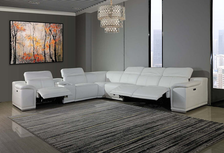DivanItalia 9762 7-Piece L Shaped Top Grain Italian Leather Sectional Sofa with 4 Power Recliners - White