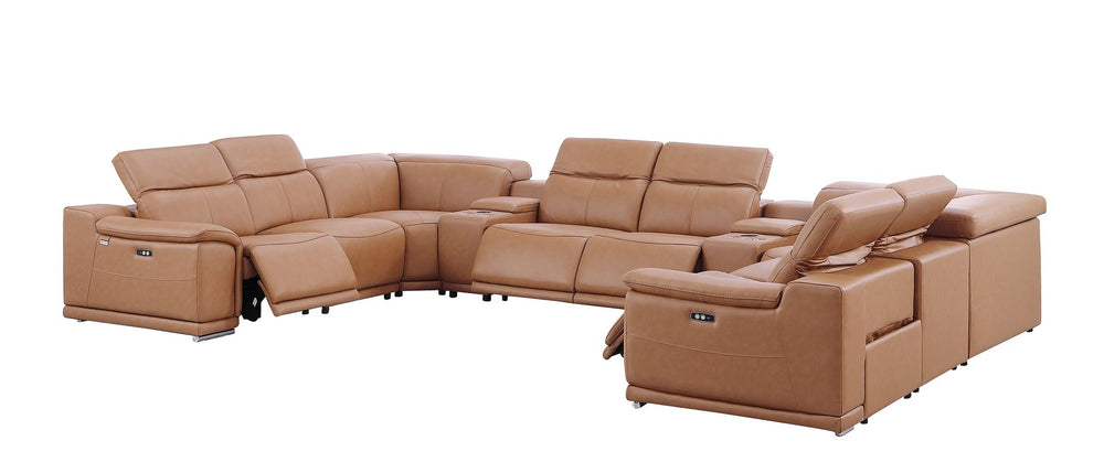 DivanItalia 9762 10-Piece U Shaped Top Grain Italian Leather Sectional Sofa with 4 Power Recliners - Cognac