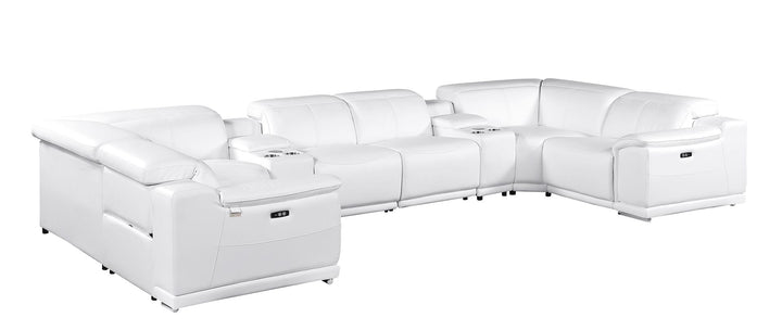 DivanItalia 9762 8-Piece U Shaped Top Grain Italian Leather Sectional Sofa with 2 Power Recliners - White