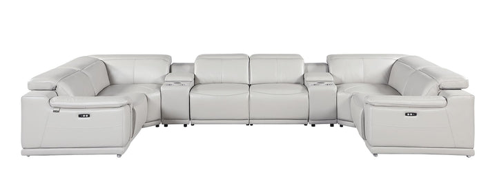DivanItalia 9762 8-Piece U Shaped Top Grain Italian Leather Sectional Sofa with 2 Power Recliners - Light Gray