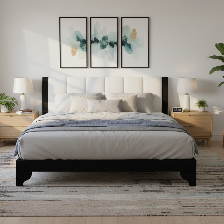 Pine Upholstered Queen Bed Frame – Black &amp; White