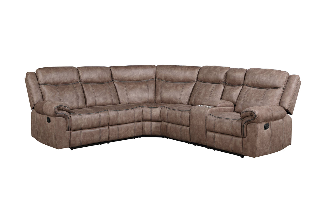 Dollum - Two Tone Nubuck Manual Recliner Sectional Sofa With USB Port Cupholder Console - Chocolate