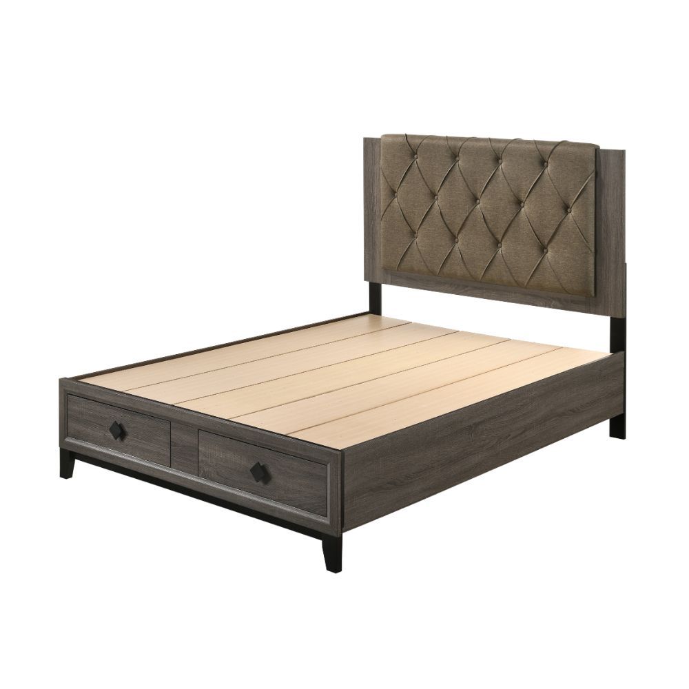 Avantika - Queen Bed With Storage - Fabric & Rustic Gray Oak