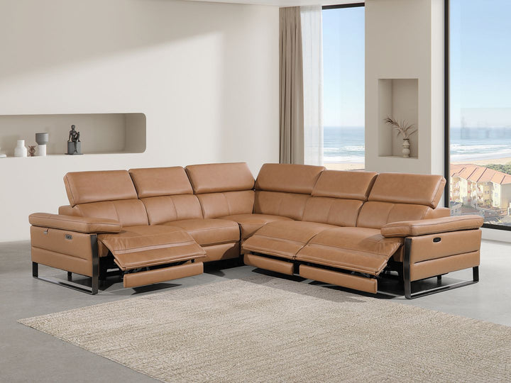 DivanItalia 1246 5-Piece L-Shaped Modular Power Reclining Sectional with Power Headrests – Top Grain Italian Leather - Cognac