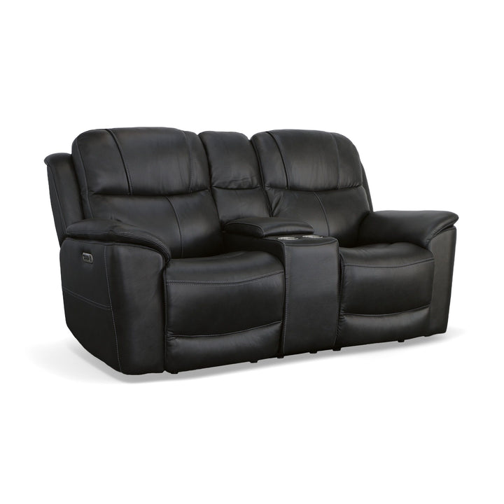 Crew Leather Power Reclining Loveseat with Console, Power Headrests &amp; Lumbar in Raven