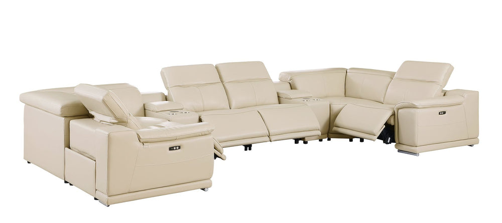 DivanItalia 9762 8-Piece U Shaped Top Grain Italian Leather Sectional Sofa with 4 Power Recliners – with Console - Beige