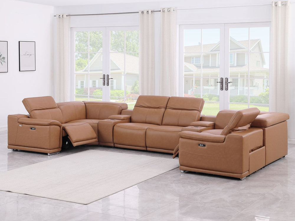 DivanItalia 9762 8-Piece U Shaped Top Grain Italian Leather Sectional Sofa with 2 Power Recliners - Cognac