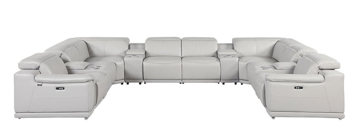 DivanItalia 9762 12-Piece U Shaped Top Grain Italian Leather Sectional Sofa with 4 Power Recliners - Light Gray