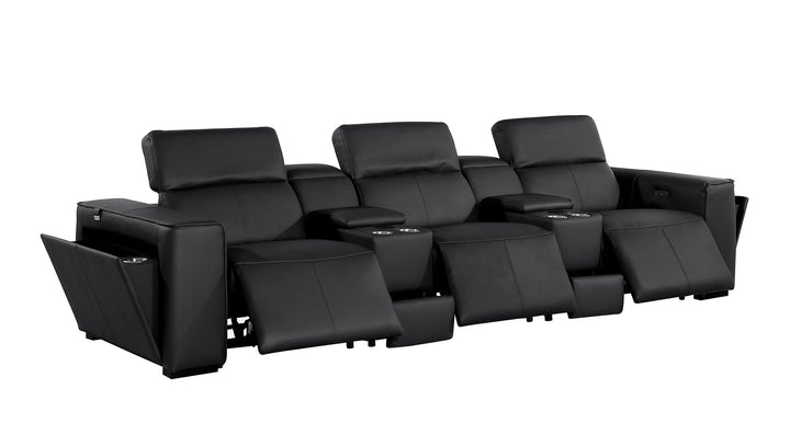 DivanItalia 1224 5-Piece Modular Power Reclining Sofa in Top Grain Italian Leather with 3 Power Recliners &amp; Power Headrests - Black