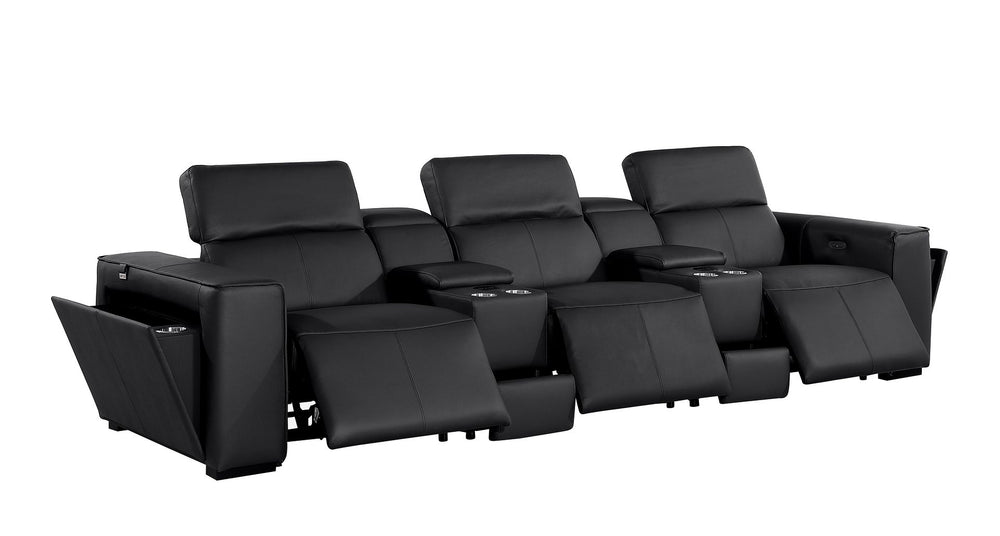 DivanItalia 1224 5-Piece Modular Power Reclining Sofa in Top Grain Italian Leather with 3 Power Recliners & Power Headrests - Black