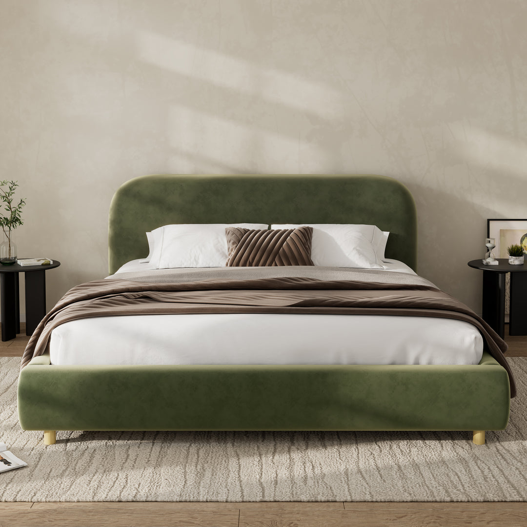 Curved Velvet Queen Platform Bed – Olive Green