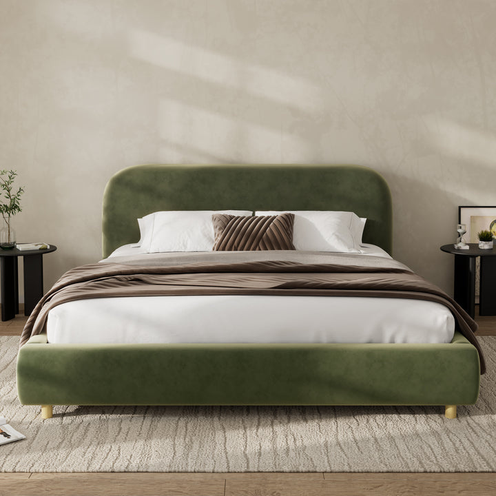 Curved Velvet Queen Platform Bed – Olive Green