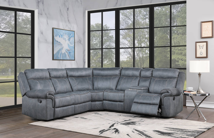 Dollum - Two Tone Nubuck Manual Recliner Sectional Sofa With USB Port Cupholder Console - Gray