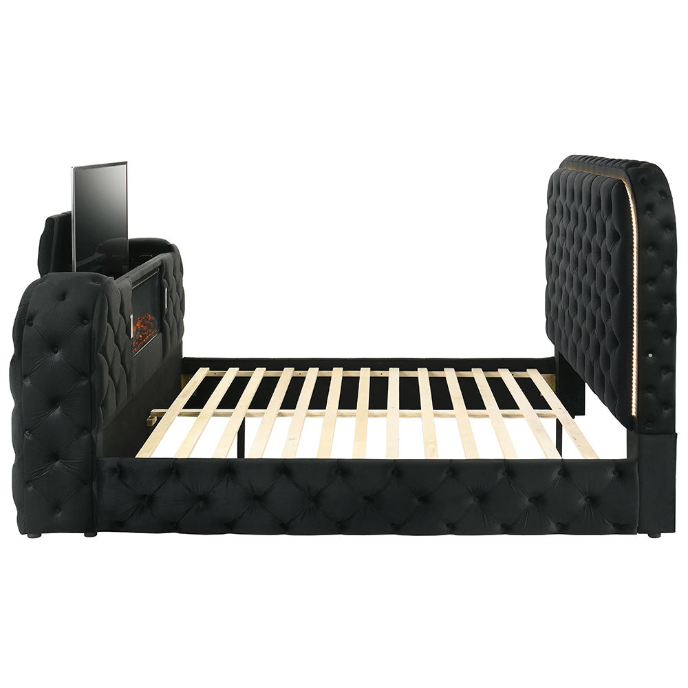 Kana - Queen Bed With LED, Fireplace & TV Stand - Black Upholstery Velvet