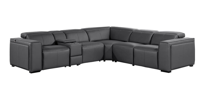 DivanItalia 1224 6-Piece L-Shaped Sectional Sofa in Top Grain Italian Leather with 3 Power Recliners &amp; Power Headrests - Dark Gray