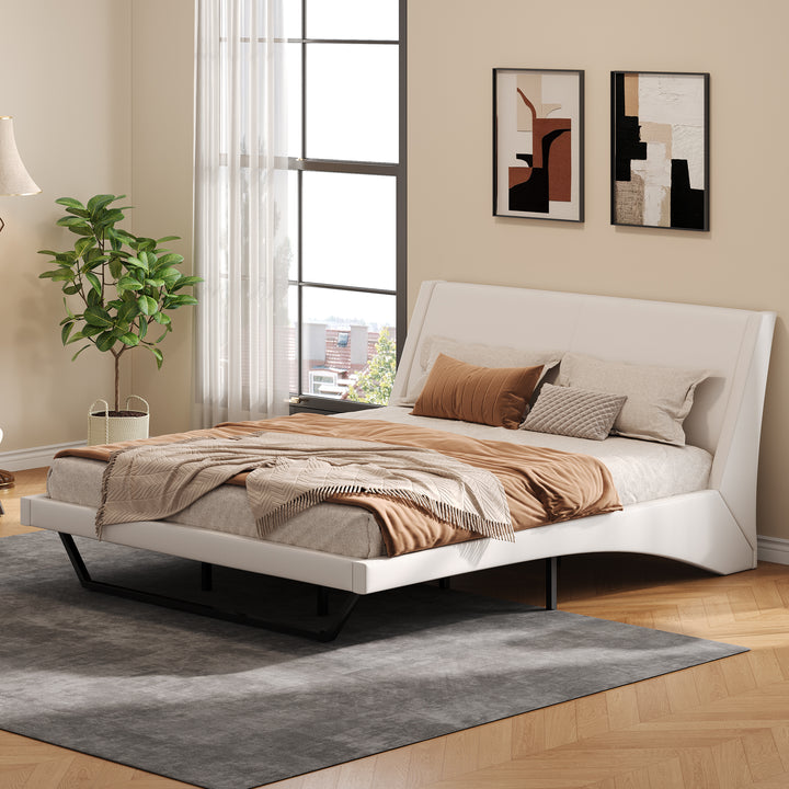 Curved PU Leather King Platform Bed – White