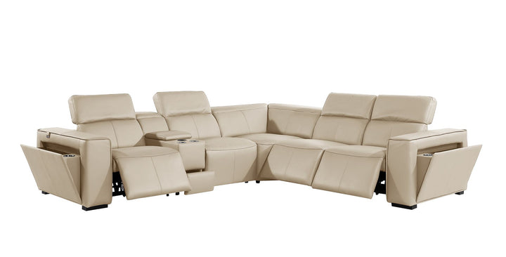 DivanItalia 1224 6-Piece L-Shaped Sectional Sofa in Top Grain Italian Leather with 3 Power Recliners &amp; Power Headrests - Beige