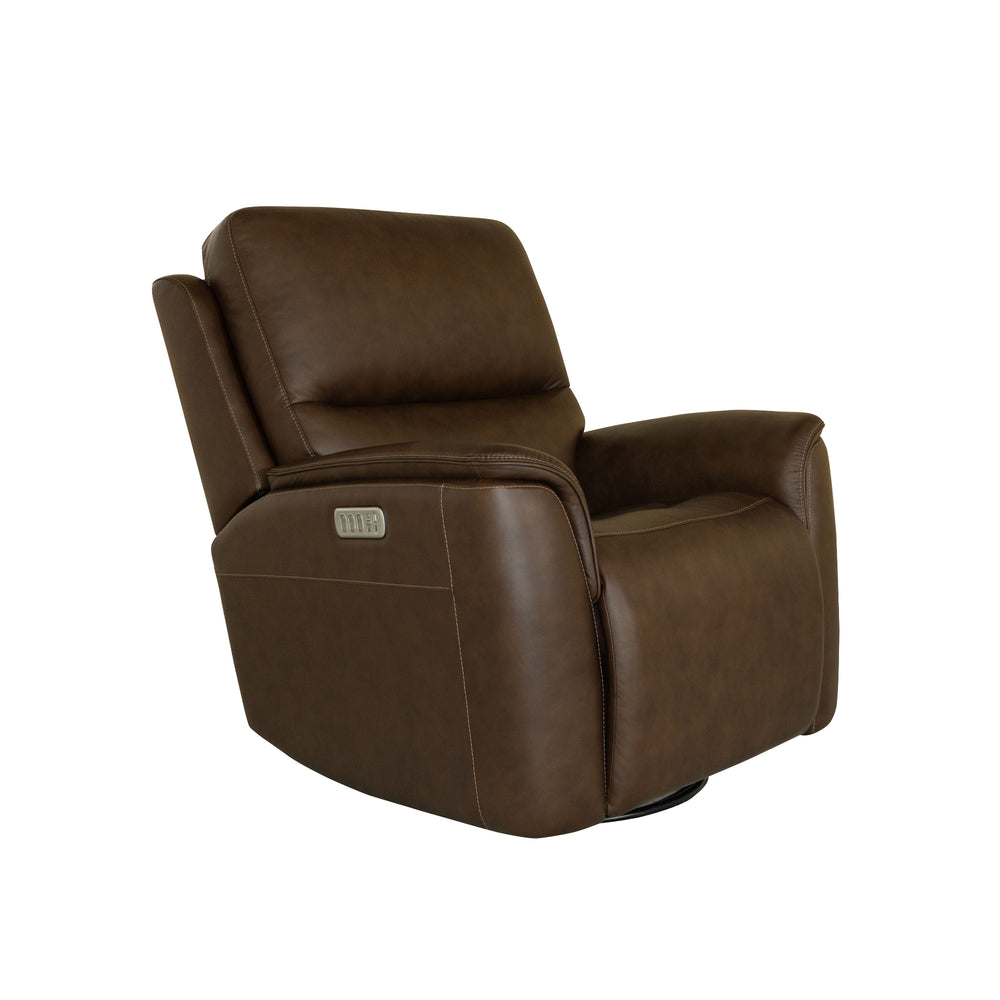 Flexsteel Henry Burnt Umber Leather Power Swivel Glider Recliner with Power Headrest, Lumbar, Heat & Massage