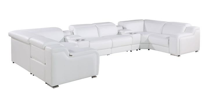 DivanItalia 1116 8-Piece U-Shaped Sectional Sofa in Top Grain Italian Leather with 2 Power Recliners &amp; Power Headrests – with Console - White