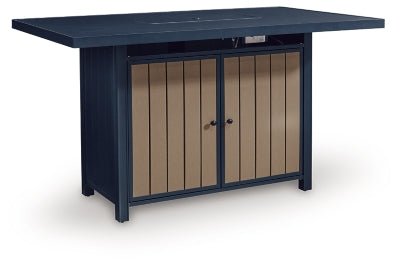 East Beach Outdoor Bar Table with Fire Pit - Blue | Ashley Furniture