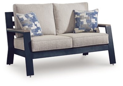 East Beach Outdoor Loveseat with Cushion - Blue | Ashley Furniture