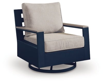 East Beach Outdoor Swivel Glider Chair with Cushion - Blue | Ashley Furniture