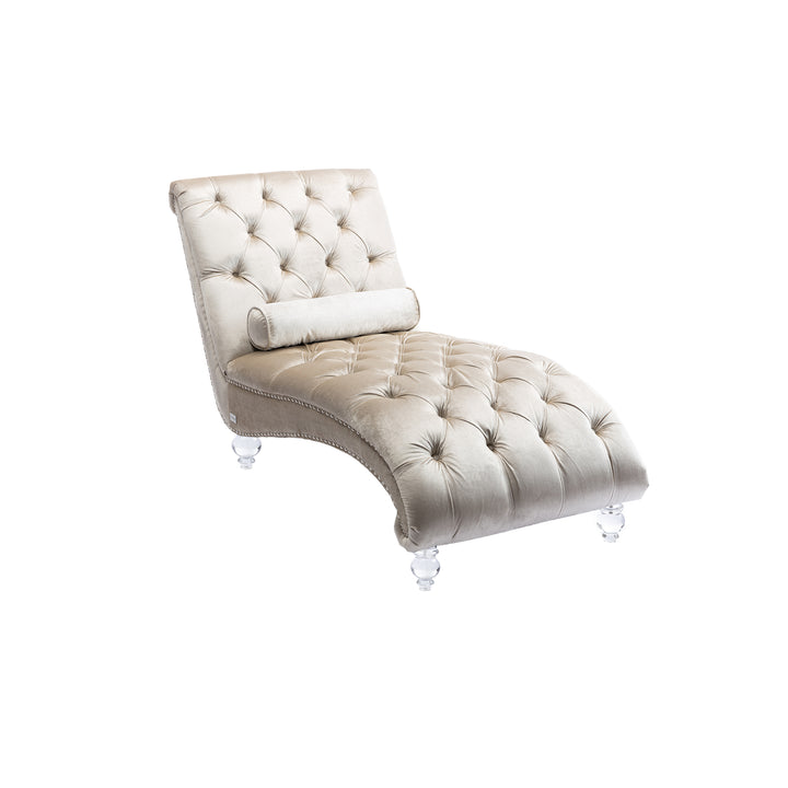 Velvet Chaise Lounge, Button-Tufted Upholstered Chair, Beige Velvet