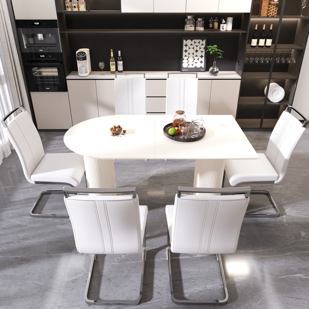 63" Medieval Modern Cream Dining Table and 6 PU Leather Armless Chairs with Silver Metal Legs - Cream & Black