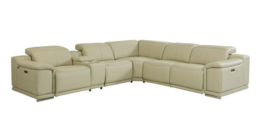 DivanItalia 9762 6-Piece L Shaped Top Grain Italian Leather Sectional Sofa with 3 Power Recliners - Beige