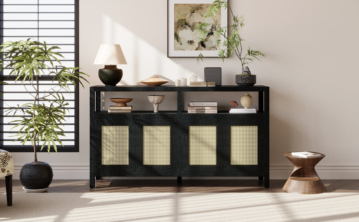 bohemian-style-rattan-sideboard-or-buffet-storage-cabinet-with-solid-wood-frame-black
