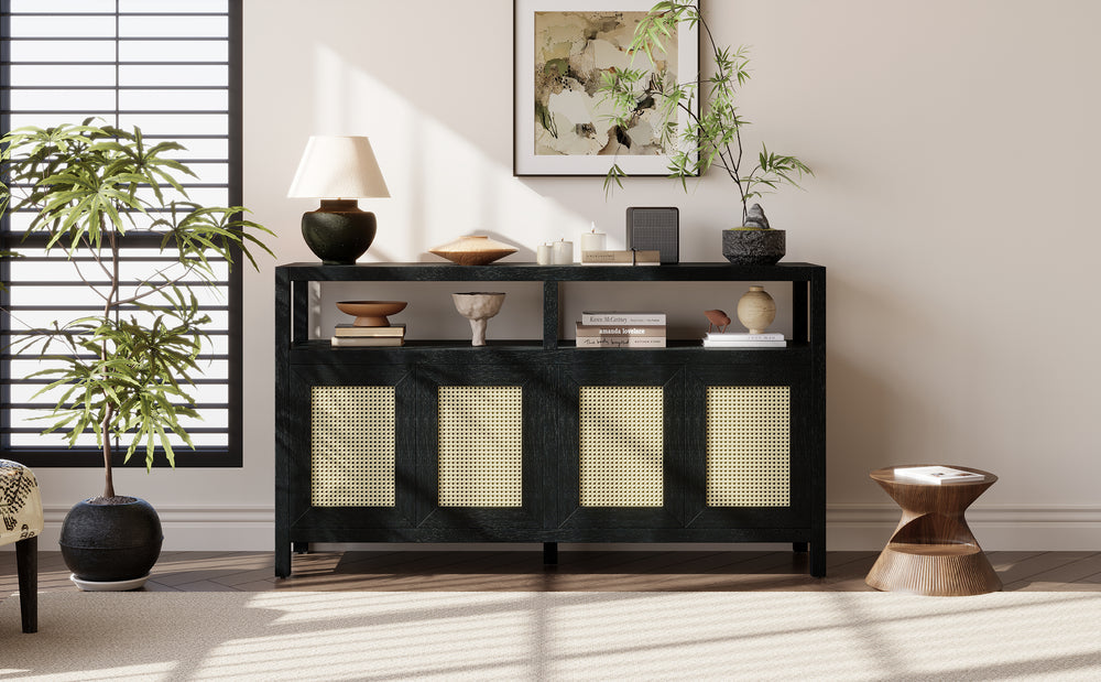 bohemian-style-rattan-sideboard-or-buffet-storage-cabinet-with-solid-wood-frame-black