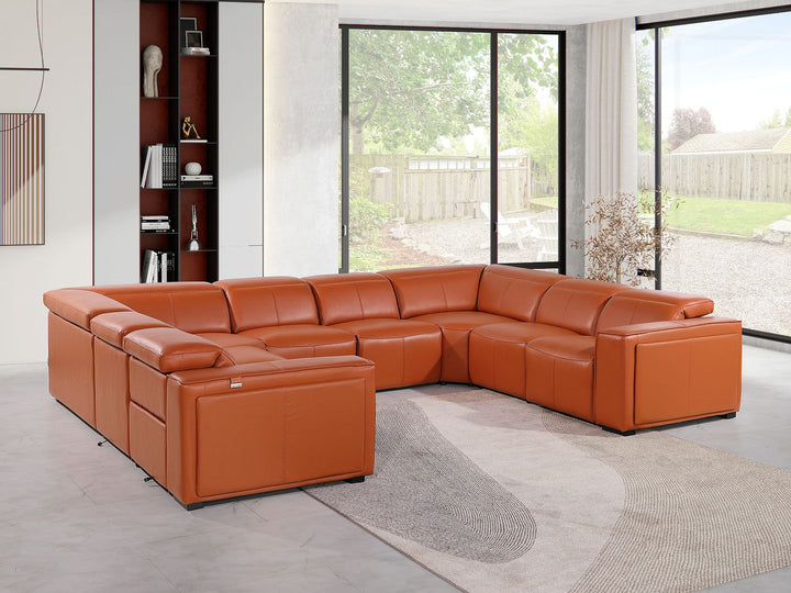 DivanItalia 1224 8-Piece U-Shaped Sectional Sofa in Top Grain Italian Leather with 4 Power Recliners &amp; Power Headrests – No Console - Camel