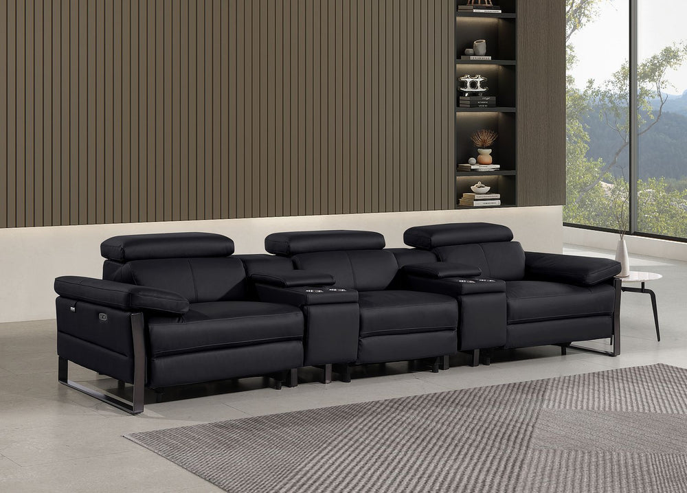 DivanItalia 1246 Modular Power Triple Reclining Dual Console Sofa with Power Reclining Headrests – Top Grain Italian Leather - Black