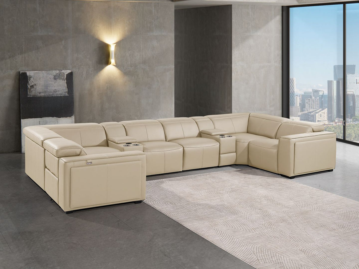 DivanItalia 1224 8-Piece U-Shaped Sectional Sofa in Top Grain Italian Leather with 4 Power Recliners & Power Headrests – with Console - Beige