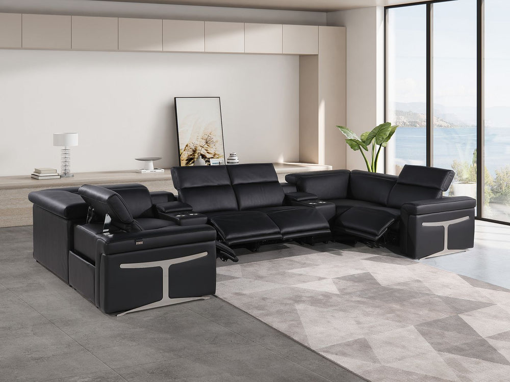 DivanItalia 1126 8-Piece U-Shaped Sectional Sofa in Top Grain Italian Leather with 4 Power Recliners & Power Headrests – with Console - Black