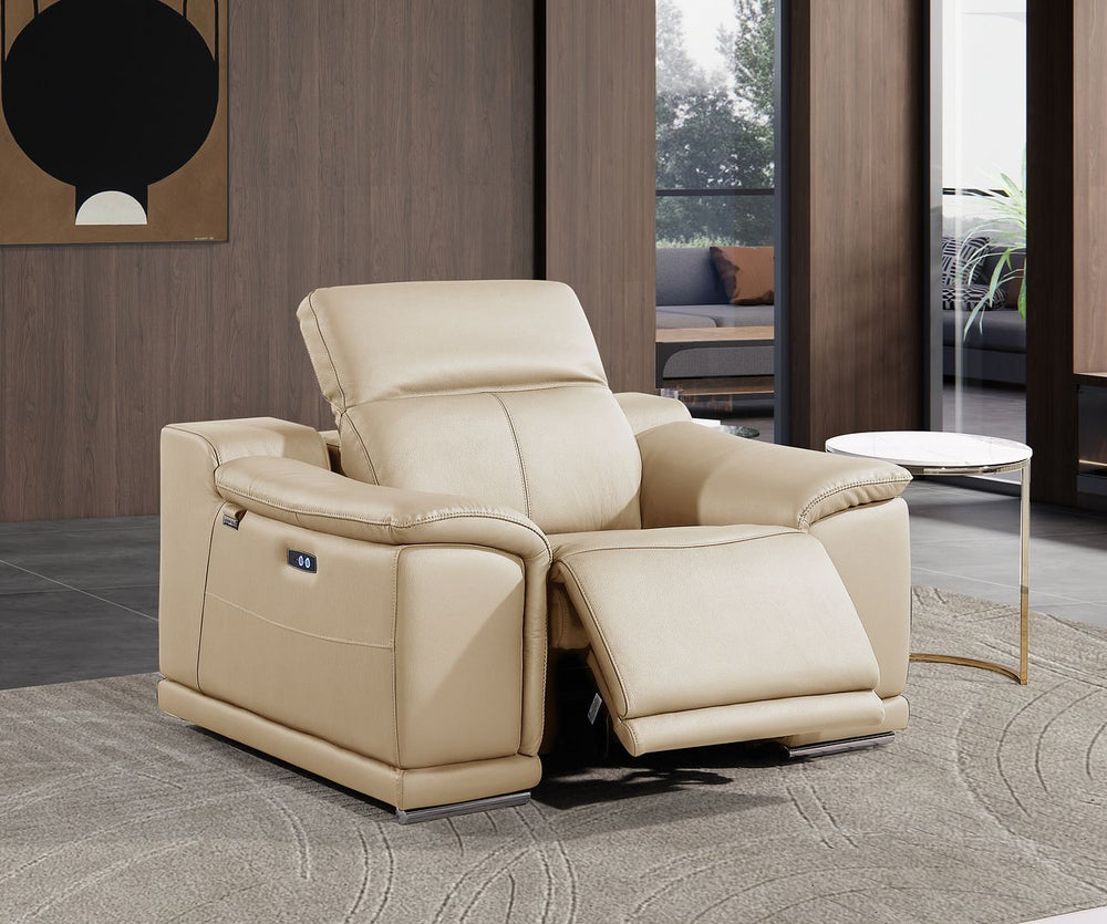 DivanItalia 9762 Top Grain Italian Leather Power Reclining Chair with Adjustable Headrests - Beige