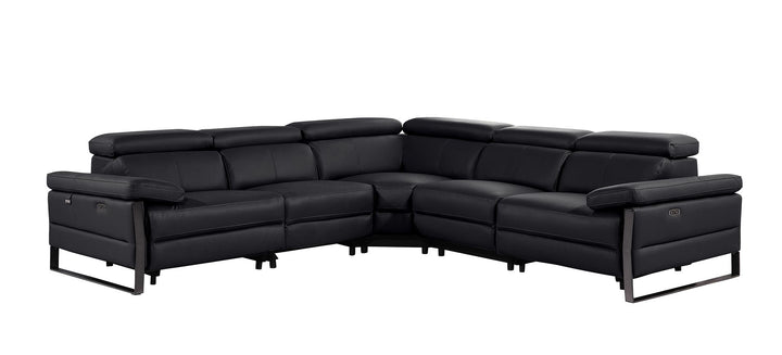 DivanItalia 1246 5-Piece L-Shaped Modular Power Reclining Sectional with Power Headrests – Top Grain Italian Leather - Black