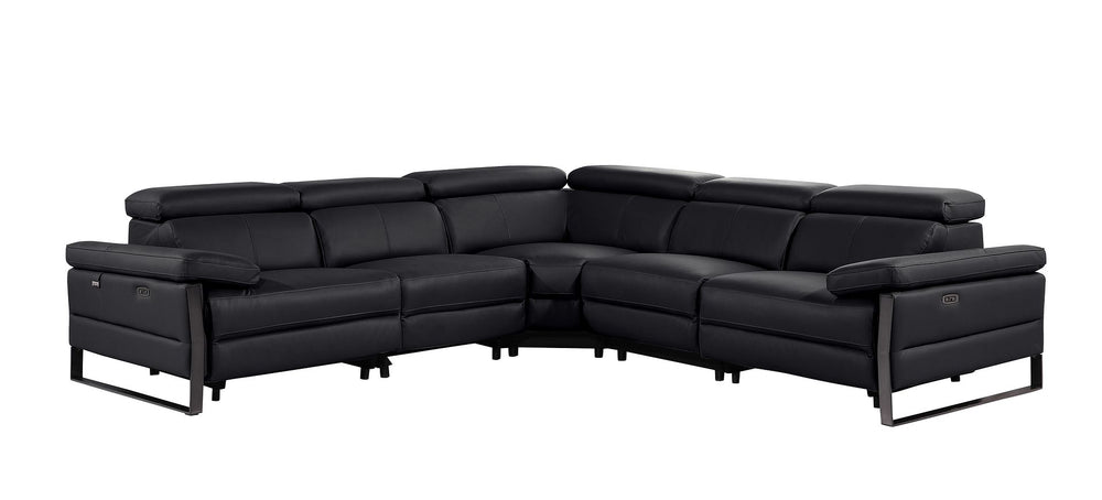DivanItalia 1246 5-Piece L-Shaped Modular Power Reclining Sectional with Power Headrests – Top Grain Italian Leather - Black